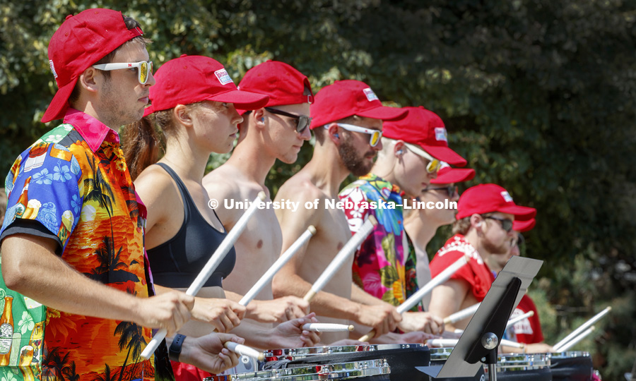 Cornhusker Marching Band drum line practices Sunday afternoon in the parking lot outside the Behlen Laboratory. August 13, 2017. Photo by Craig Chandler / University Communication.