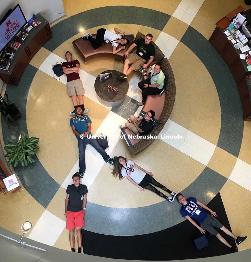 First Husker Program students form the letter "R" with their bodies during the Photo Scavenger Hunt. First Husker Program Photo Scavenger Hunt. Students spell out letters of the word "Husker" at various landmarks and student service locations. August 15,