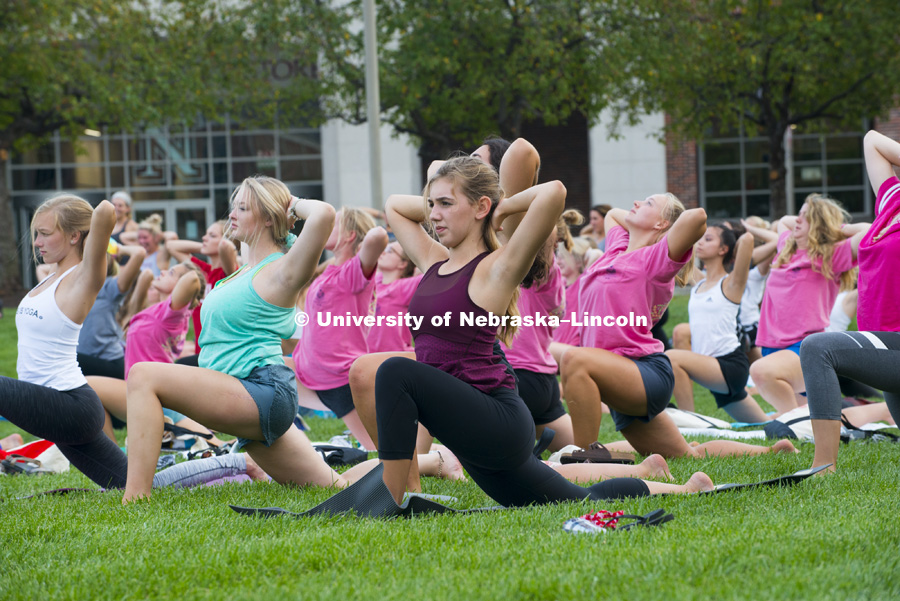 An instructor from Lotus House of Yoga taught an optional class on the Union’s green space to the sorority recruits. August 15, 2017. Photo by Greg Nathan, University Communication Photography.