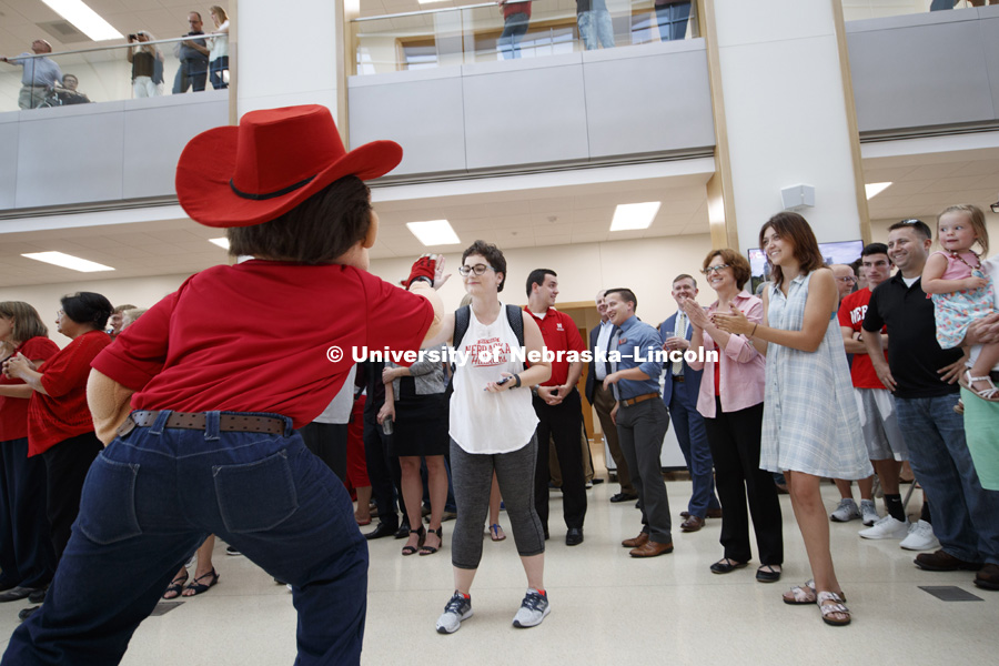 Nebraska College of Business is officially "Open for Business" in their new home, Howard L. Hawks Hall. Herbie Husker works the crowd at the College of Business open house. August 18, 2017. Photo by Craig Chandler / University Communication.