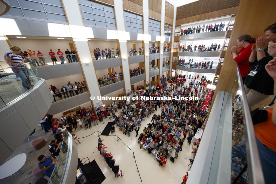 The crowd breaks into applause as the ribbon is cut to officially open the new building. Nebraska College of Business is officially "Open for Business" in their new home, Howard L. Hawks Hall. August 18, 2017. Photo by Craig Chandler / University