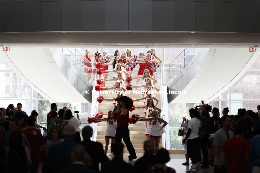 Herbie Husker and the Nebraska Cheer Squad kicked off the celebration Friday. Nebraska College of Business is officially "Open for Business" in their new home, Howard L. Hawks Hall. August 18, 2017. Photo by Craig Chandler / University Communication.