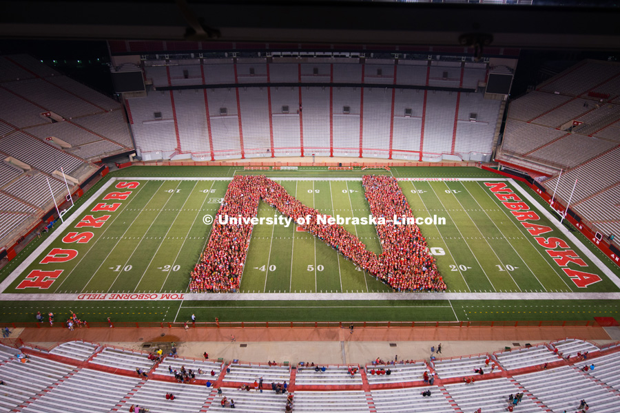 Part of the Big Red Welcome is the formation of an N made up of the class of 2021 freshmen students. August 18, 2017. Photo by Greg Nathan, University Communication Photography.