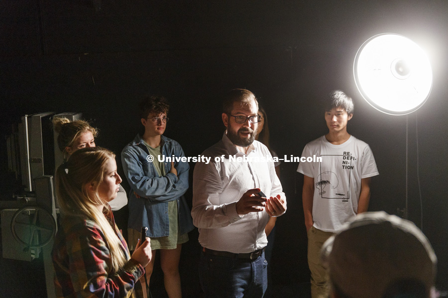 Walker Pickering, Assistant Professor of Photography in Fine and Performing Arts, works with his PHOT 263 - Studio Photography class. August 30, 2017. Photo by Craig Chandler / University Communication.