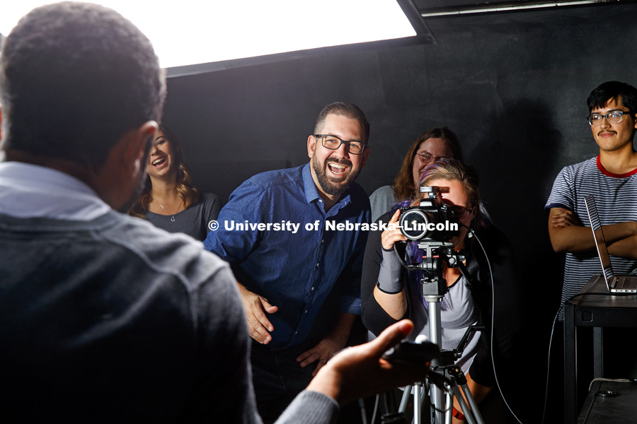 Walker Pickering, Assistant Professor of Photography in Fine and Performing Arts, works with his PHOT 263 - Studio Photography class. September 6, 2017. Photo by Craig Chandler / University Communication.