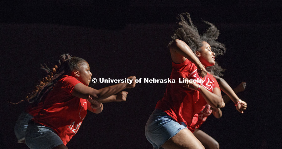 Delta Sigma Theta performs at the Stroll Off. UNL's multicultural Greek organizations compete in the annual stroll competition in the Nebraska Union. September 8, 2017. Photo by Craig Chandler / University Communication.