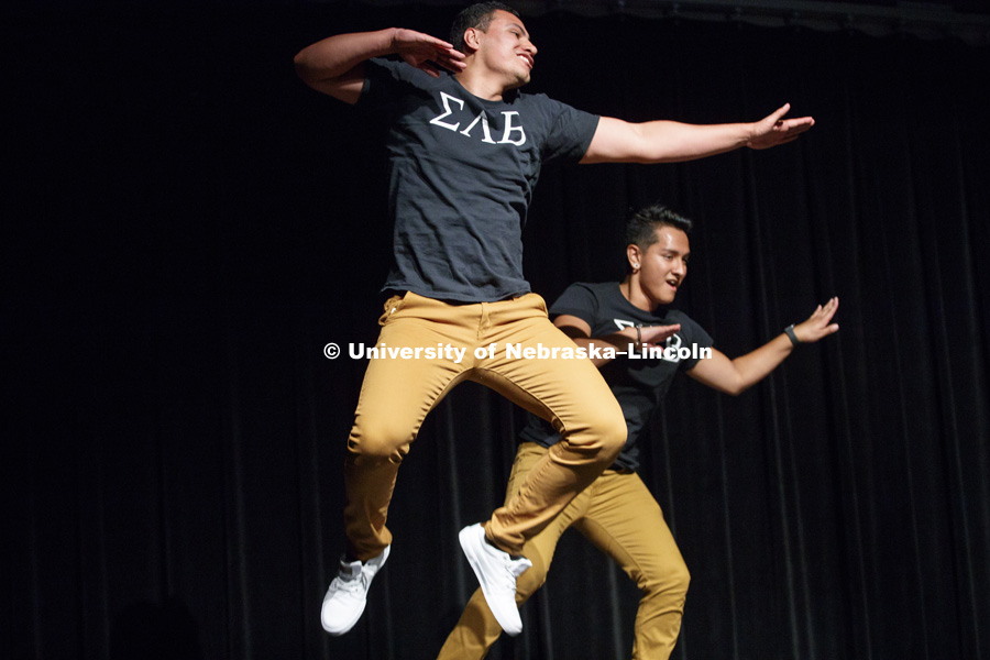 Sigma Lambda Beta performs at the Stroll Off. UNL's multicultural Greek organizations compete in the annual stroll competition in the Nebraska Union. September 8, 2017. Photo by Craig Chandler / University Communication.