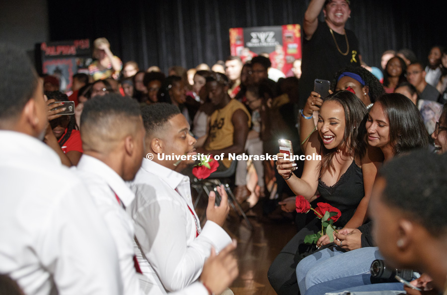 The audience reacts as Kappa Alpha Psi takes their performance into the crowd at the Stroll Off. UNL's multicultural Greek organizations compete in the annual stroll competition in the Nebraska Union. September 8, 2017. Photo by Craig Chandler /