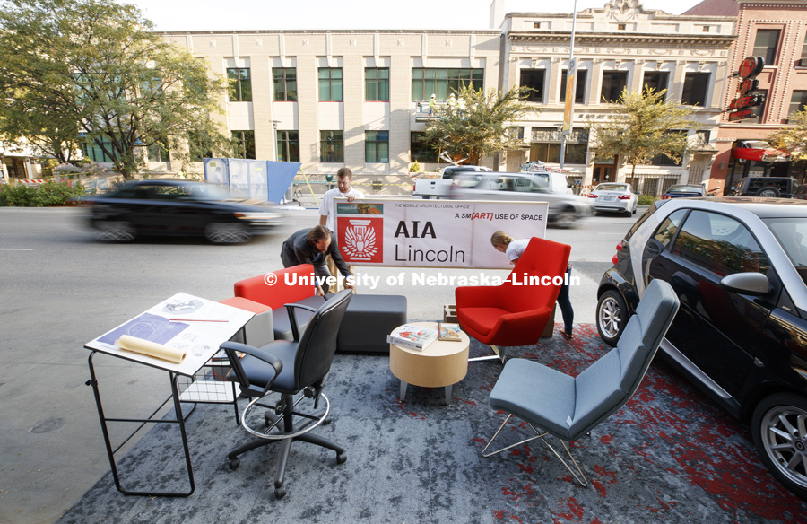 PARK(ing) Day 45 College of Architecture students in ARCH 210 Representation design and install temporary, urban, public parks and space design exhibits in parking stalls on P Street in downtown Lincoln. August 18, 2017  Photo by Craig Chandler /