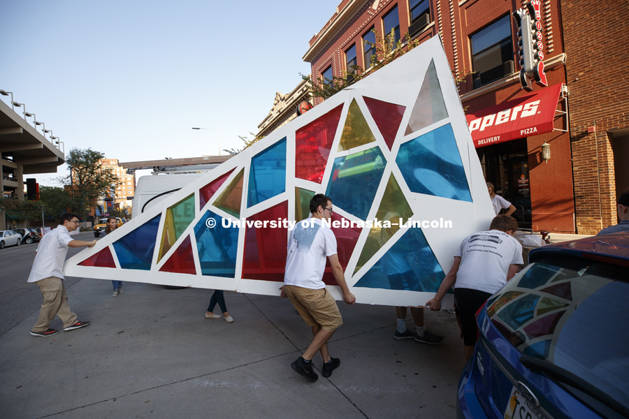 PARK(ing) Day 45 College of Architecture students in ARCH 210 Representation design and install temporary, urban, public parks and space design exhibits in parking stalls on P Street in downtown Lincoln. August 18, 2017  Photo by Craig Chandler /