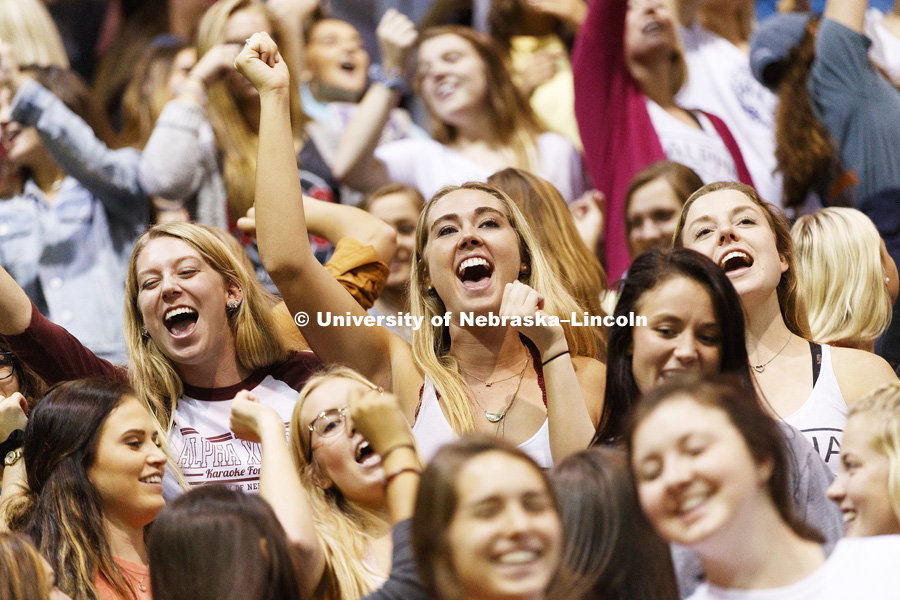 Alpha Xi Delta sorority members cheer before the start of Huskers Have Talent competition at the Coliseum. September 18, 2017. Photo by Craig Chandler / University Communication.