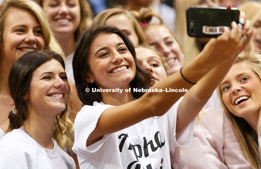 Alpha Phi sorority members take a selfie before the start of Huskers Have Talent competition at the Coliseum. September 18, 2017. Photo by Craig Chandler / University Communication.