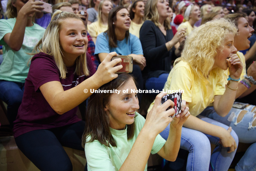 Chi Omega sorority members photograph their group at Huskers Have Talent competition at the Coliseum. September 18, 2017. Photo by Craig Chandler / University Communication.