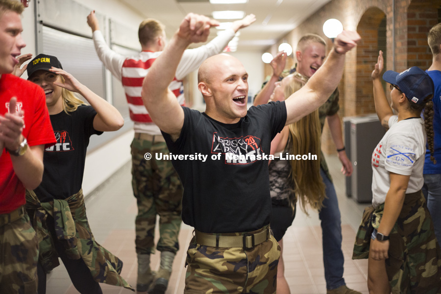 Nebraska ROTC members celebrate after performing their routine at Huskers Have Talent competition at the Coliseum. Homecoming 2017. September 18, 2017. James Wooldridge for University Communication.