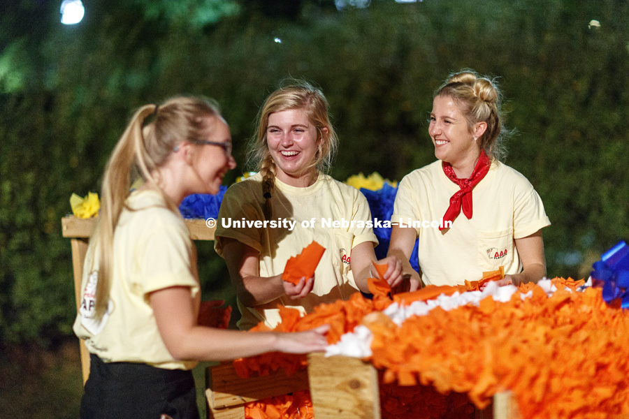 Ellie Robertson, Morgan Dickey and Taylar Zubrod, all of Delta Delta Delta, laugh while working on a Homecoming lawn display. September 21, 2017.  Photo by Craig Chandler / University Communication.
