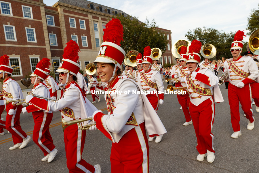 Cornhusker Marching Band. Homecoming parade, pep rally and court jester competition. September 22, 2017. Photo by Craig Chandler / University Communication.