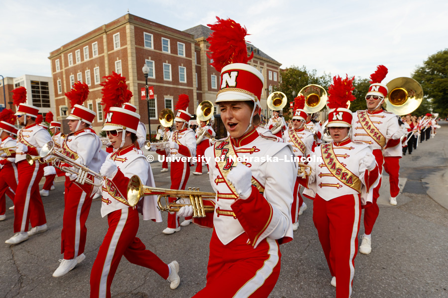 Cornhusker Marching Band. Homecoming parade, pep rally and court jester competition. September 22, 2017. Photo by Craig Chandler / University Communication.