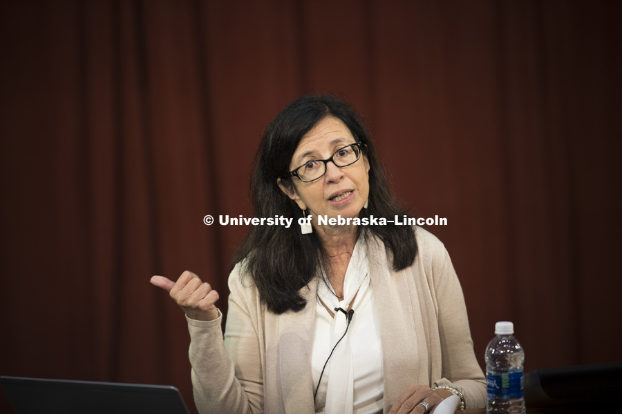 Lourdes Gouveia, professor emerita of sociology and co-founder of the Office of Latino/Latin American Studies at the University of Nebraska at Omaha, gives the first Heuermann Lecture of the season. October 3, 2017. Photo by Craig Chandler / University