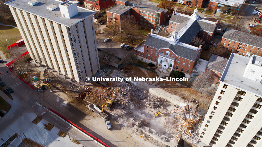 The rubble of Cather Pound dining center is being removed. The two residence halls will be imploded on December 22, 2017. November 30, 2017. Photo by Craig Chandler / University Communication.