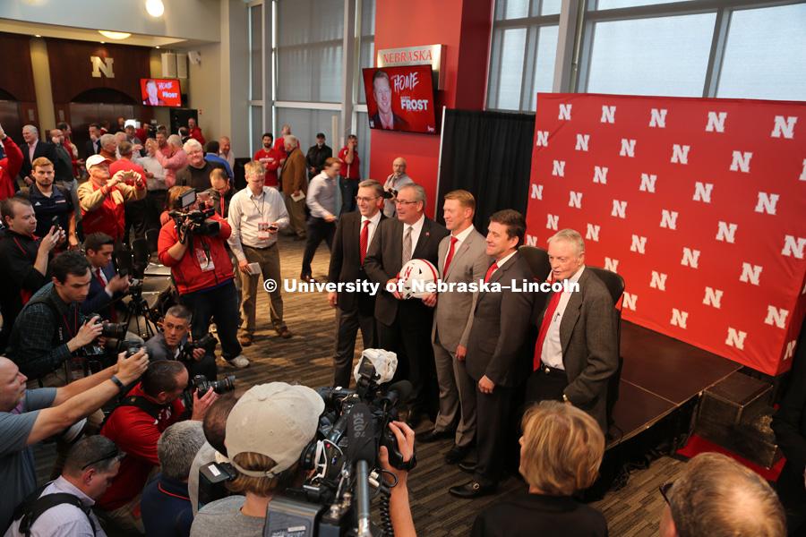 Chancellor Ronnie Green, Athletic Director Bill Moos, Scott Frost, NU President Hank Bounds and Tom Osborne. Scott Frost is introduced as the Huskers head football coach at a Sunday press conference. December 3, 2017. Photo by Dave Fitzgibbon / University
