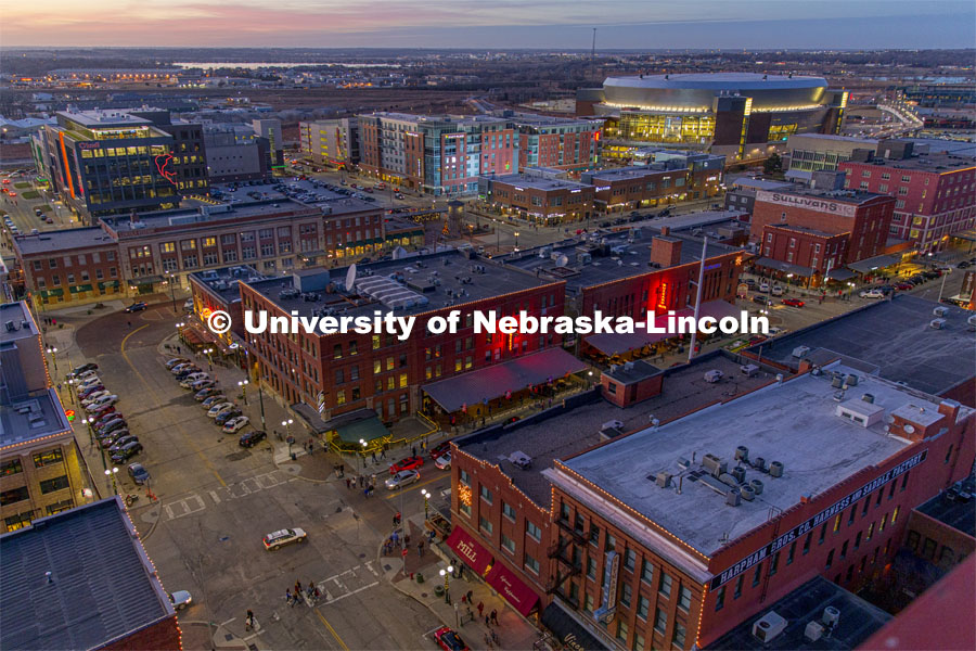 Aerial view of Haymarket with Hudl at left and Pinnacle Bank Arena at right. December 16, 2017. Photo by Kelly Mosier for University Communication.
