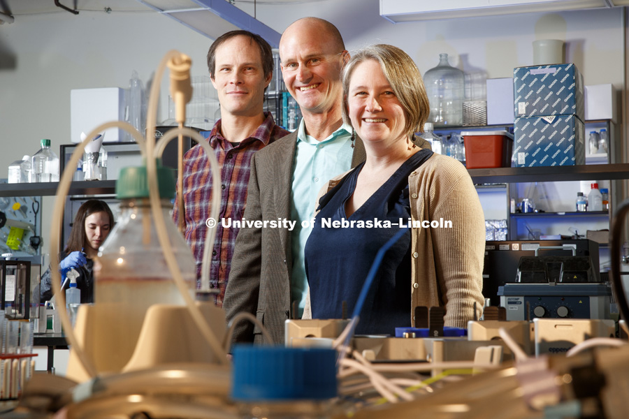 EPSCoR grand recipients in the Manter Hall labs. From right is Kristi Montooth, Associate Professor in the School of Biological Sciences, Jay Storz, Professor in the School of Biological Sciences, and Colin Meiklejohn, Assistant Professor in the School of