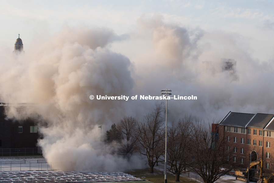 Cather and Pound Residence Halls implosion. December 22, 2017. Photo by Greg Nathan, University Communication Photography.