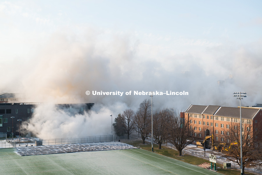 Cather and Pound Residence Halls implosion. December 22, 2017. Photo by Greg Nathan, University Communication Photography.