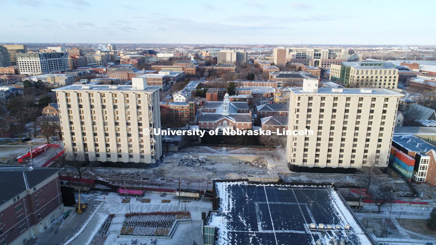 Cather and Pound Residence Halls implosion. December 22, 2017. Photo by Craig Chandler / University Communication.