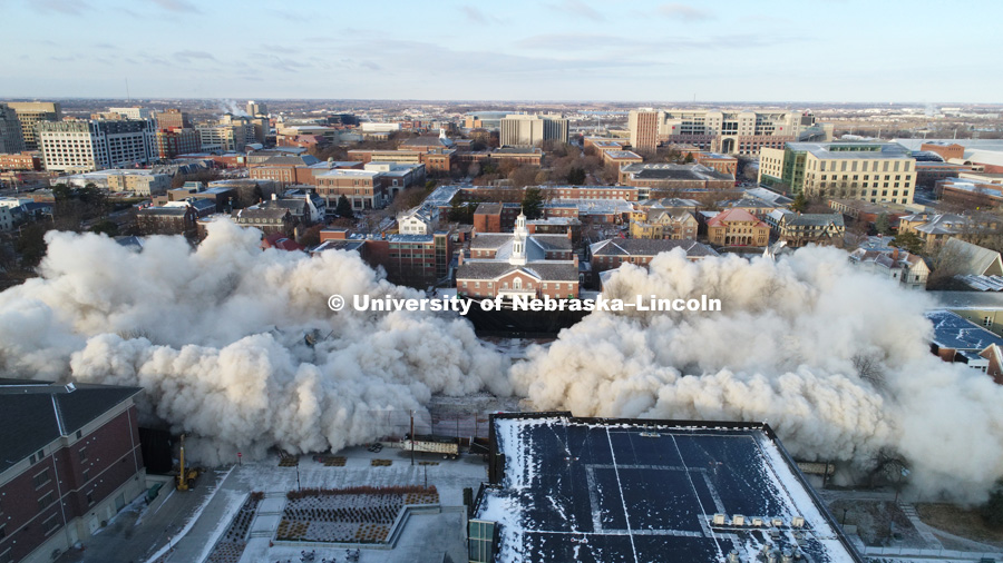 Cather and Pound Residence Halls implosion. December 22, 2017. Photo by Craig Chandler / University Communication.