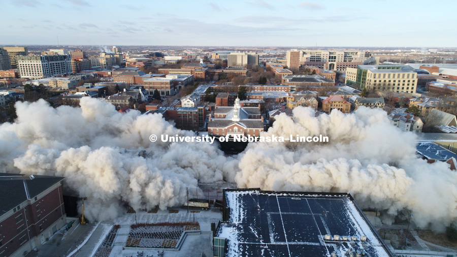 Cather and Pound Residence Halls implosion. December 22, 2017. Photo by Craig Chandler / University Communication.