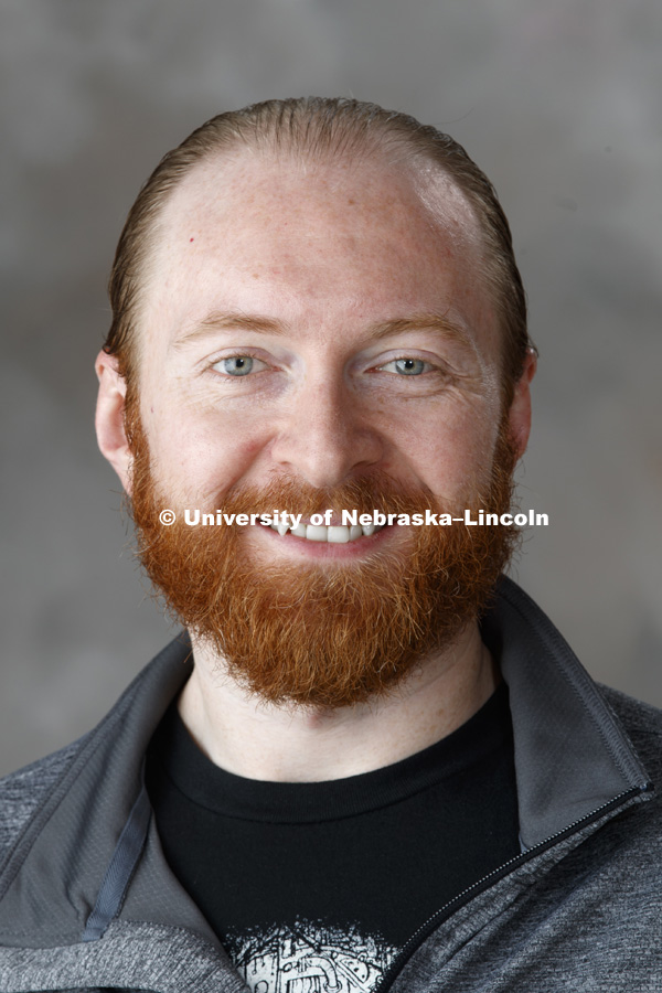 Studio portrait of Karl Kuntzelman, Computer Programmer/Data Analyst, Center for Brain, Biology and Behavior, CB3. January 10, 2018. Photo by Craig Chandler / University Communication.