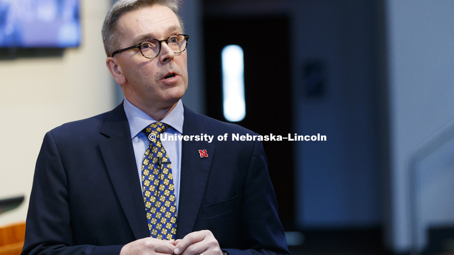 Chancellor Ronnie Green leads a Town Hall Meeting at Nebraska Innovation Campus, which covered several topics including budget information. January 22, 2018. Photo by Craig Chandler / University Communication.