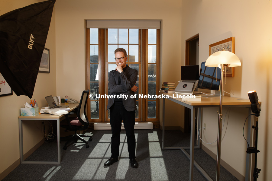 Andy Jewell, Professor of English, in his Love Library office. Jewell is the spring 2018 Nebraska Lecturer. January 29, 2018. Photo by Craig Chandler / University Communication.