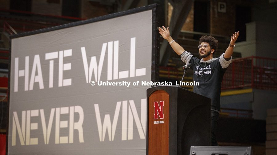 Alex Chapman leads the Hate Will Never Win rally at the Coliseum. February 14, 2018. Photo by Craig Chandler / University Communication.
