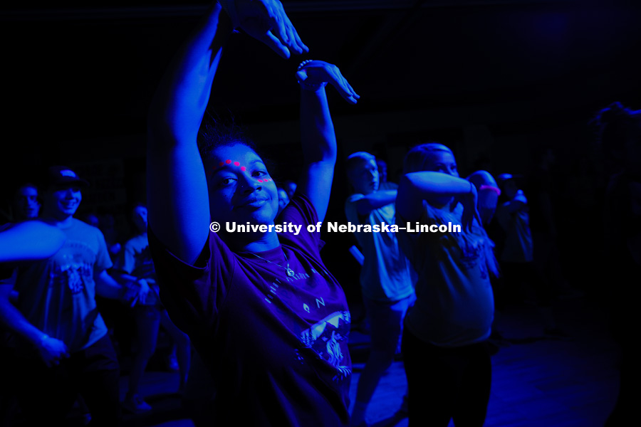 Mashaya Dierking of Phi Mu dances in the cardio dance part of the marathon Saturday evening. 1274 Nebraska students signed up to be part of the Huskerthon Dance Marathon for Children's Hospital in Omaha. February 17, 2019. Photo by Craig Chandler /