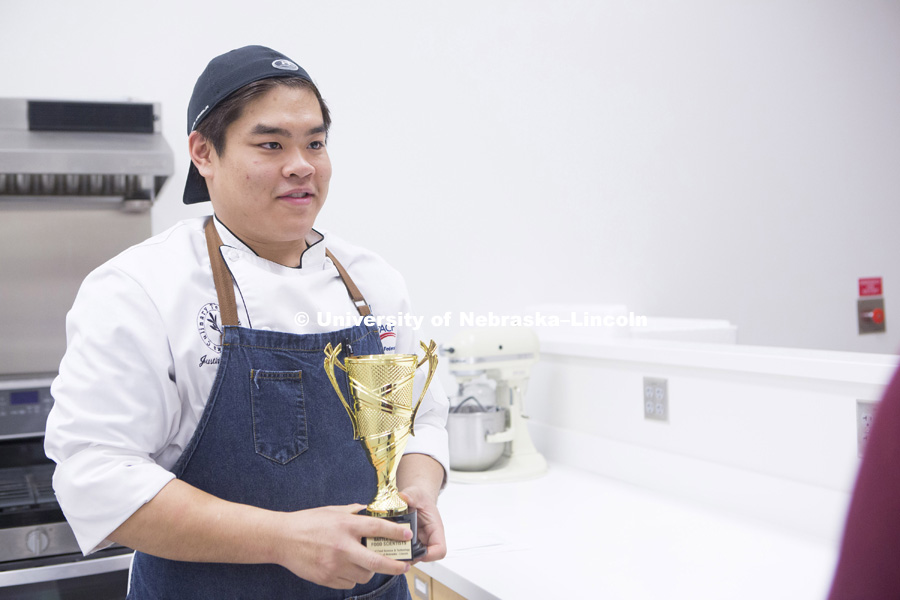 Justin Tran wins the 2018 Battle of the Food Scientists at the Food Innovation Center on Nebraska Innovation Campus. Justin was working with only one assistant, while each other group had four members.
February 28, 2018. Photo by James Wooldridge, for