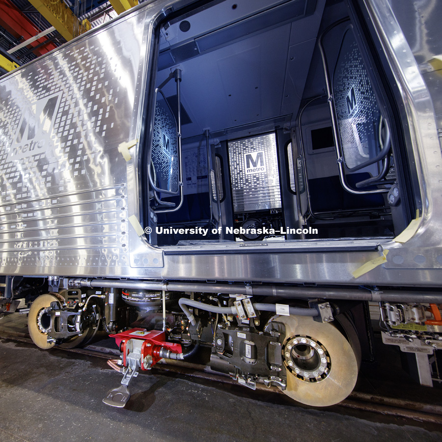 Kawasaki Subway cars being built in Lincoln, Nebraska. The subway system owes its existence to Bion Arnold, a 1897 NU engineering graduate. He is known as the "father of the third rail". Photographed for the N150 anniversary book. March 8, 2018. Photo by Craig Chandler / University Communication.