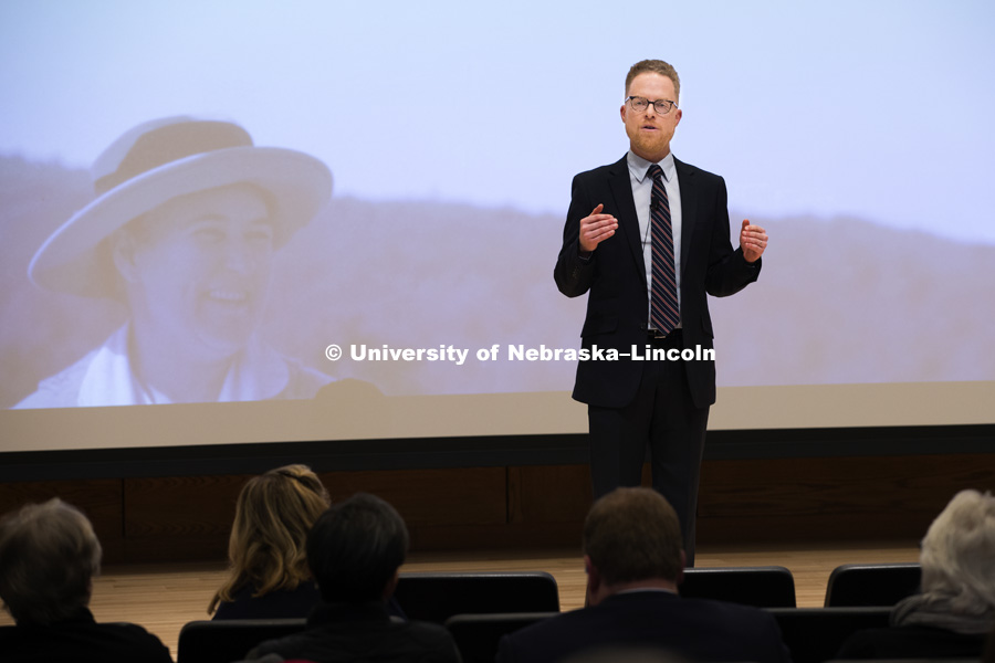 Andy Jewell delivers his Nebraska Lecture entitled Our Cather Heritage. March 26, 2018. Photo by Craig Chandler / University Communication.