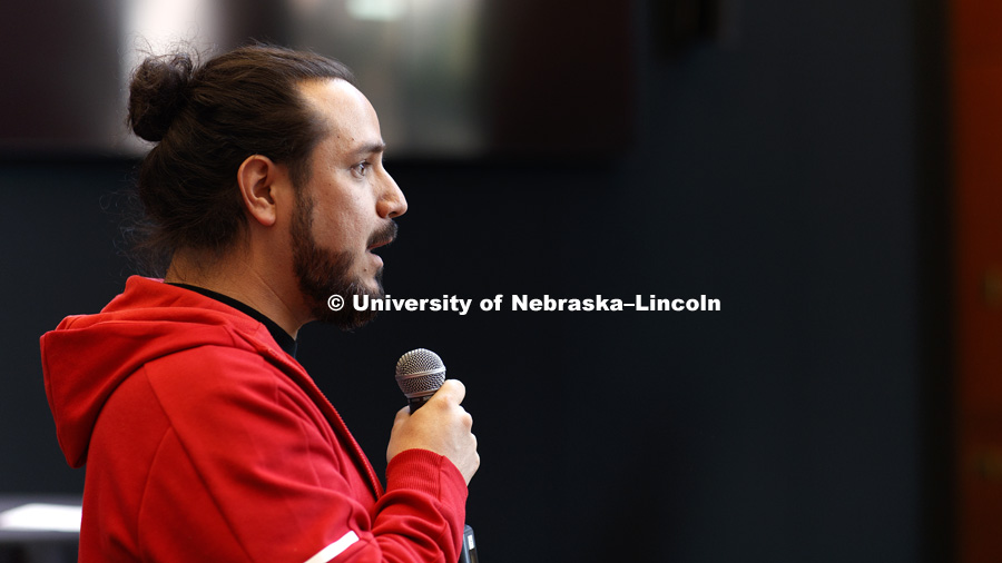 Hernan Vazquez Miranda, graduate student in natural resources, gives his slam speech. Science Slam is a campus-wide contest where graduate and undergraduate researchers from ALL SCIENTIFIC DISCIPLINES are challenged to communicate their work in short,