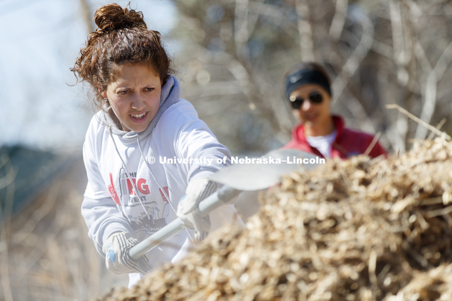 Tess Meyer digs into a huge pile of mulch along 37th Street during the Big Event. April 7, 2018. Photo by Craig Chandler / University Communication.