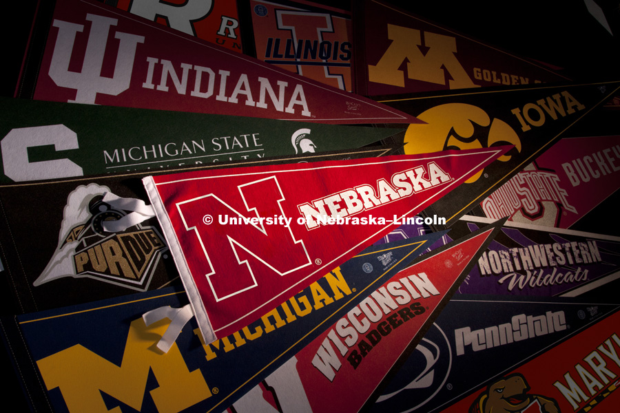 Collage of Big Ten College Pennants. Original photo has been altered to show new logo and add Rutgers and Maryland. Photographed for the N150 anniversary book. April 9, 2018. Photo by Craig Chandler, University Communications.