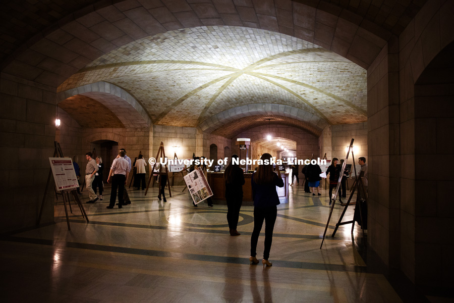 The posters were moved to the first floor rotunda where they will be on display for the next couple weeks. State Senators Research Fair at the Capitol. April 10, 2018. Photo by Craig Chandler / University Communication.