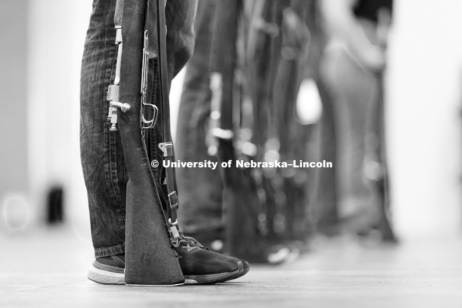 The drill team uses Springfield rifles to drill with. The bolt-action rifles were the military's rifle between 1903 and 1936. Pershing Rifle drill team practices in the Pershing Military and Naval Science Building. Student organization sponsored by ROTC.