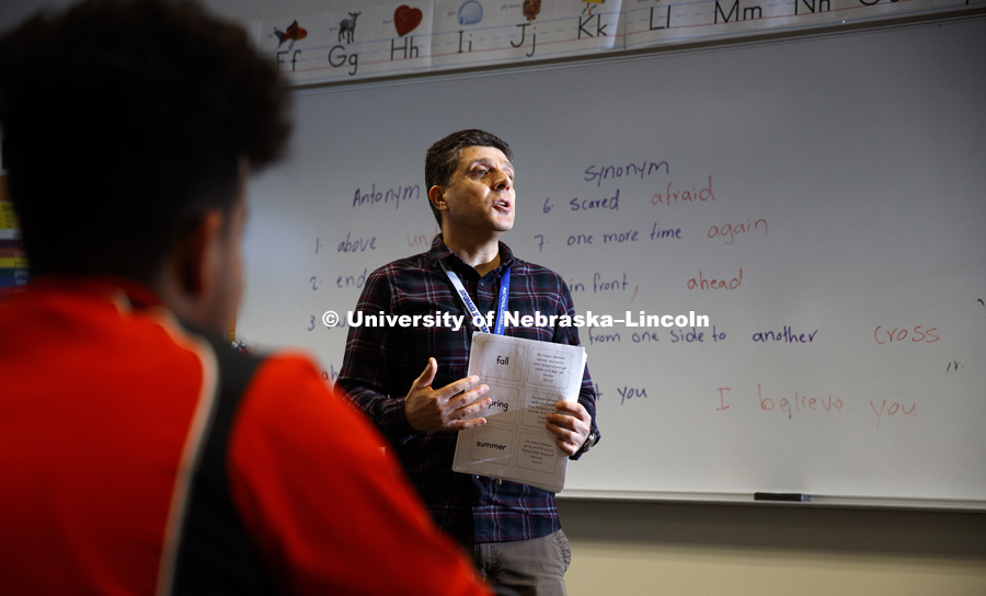 Hadi Pir, a masters student in CEHS, is doing his student teaching at Lincoln Northstar in ELL. He is a Yazidi from northwest Iraq who was an interpreter for the U.S. Army and received special visas to come to the U.S. April 17, 2019. Photo by Craig