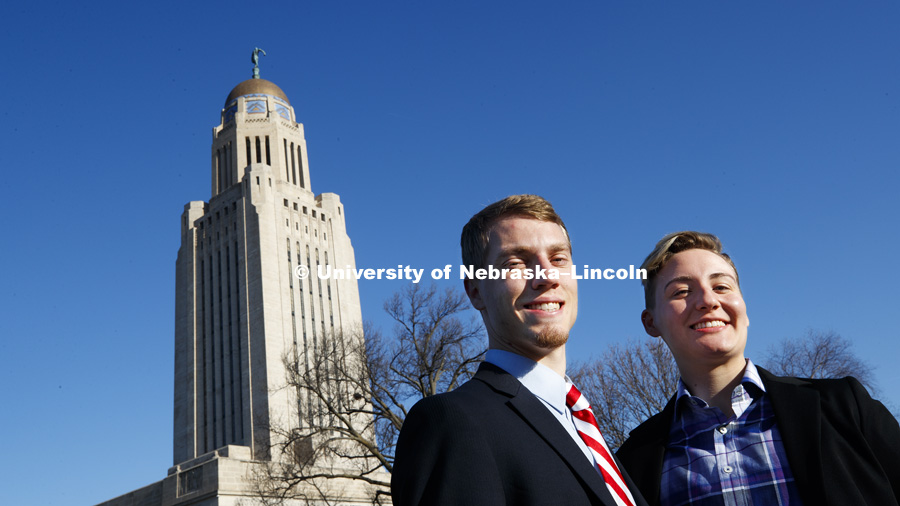 Jackson Grasz, ASUN Government Liaison Committee Chair, left, and Claire Adams: UNL student and RA both testified at the LB 982’s hearing. LB 982 allows 18-year-olds access to mental health services. April 19, 2018. Photo by Craig Chandler / University
