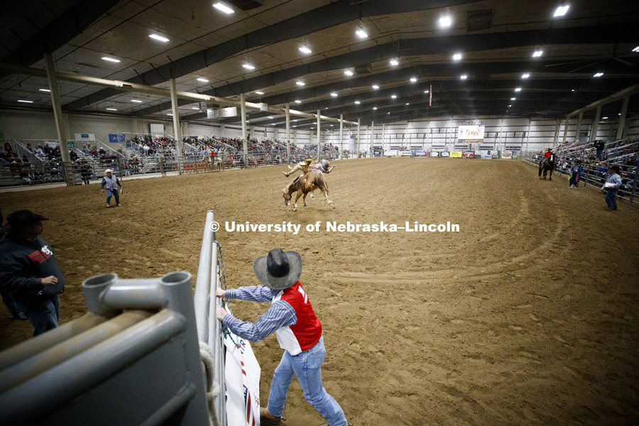 Bareback competition. (Non UNL student) 60th anniversary of the University of Nebraska-Lincoln Rodeo Club. April 20, 2018. Photo by Craig Chandler / University Communication.