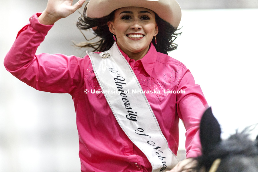 The 2018-19 Miss Rodeo University of Nebraska Jennifer Stroh rides around the arena after being announced. 60th anniversary of the University of Nebraska-Lincoln Rodeo Club. April 20, 2018. Photo by Craig Chandler / University Communication.