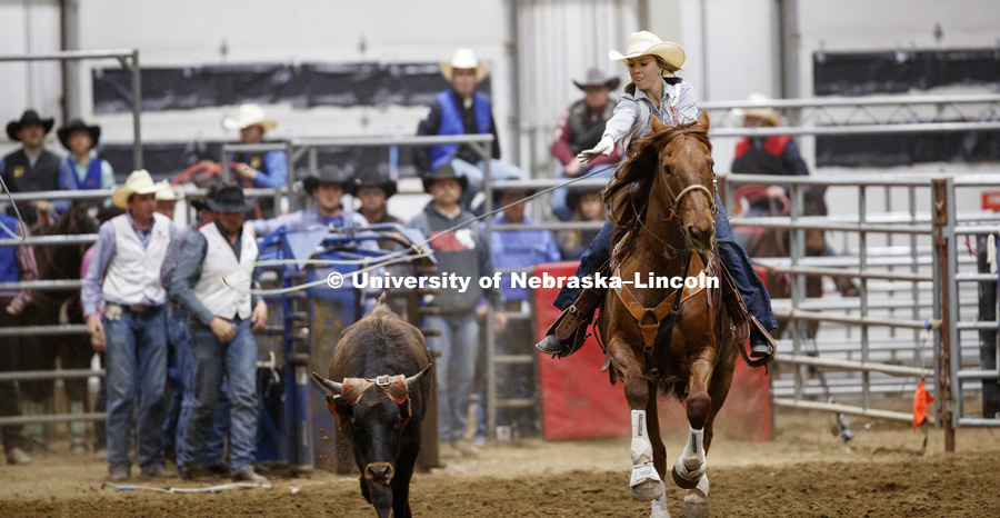 Emily Vinton watches her rope play out during the team roping competition. 60th anniversary of the University of Nebraska-Lincoln Rodeo Club. April 20, 2018. Photo by Craig Chandler / University Communication.