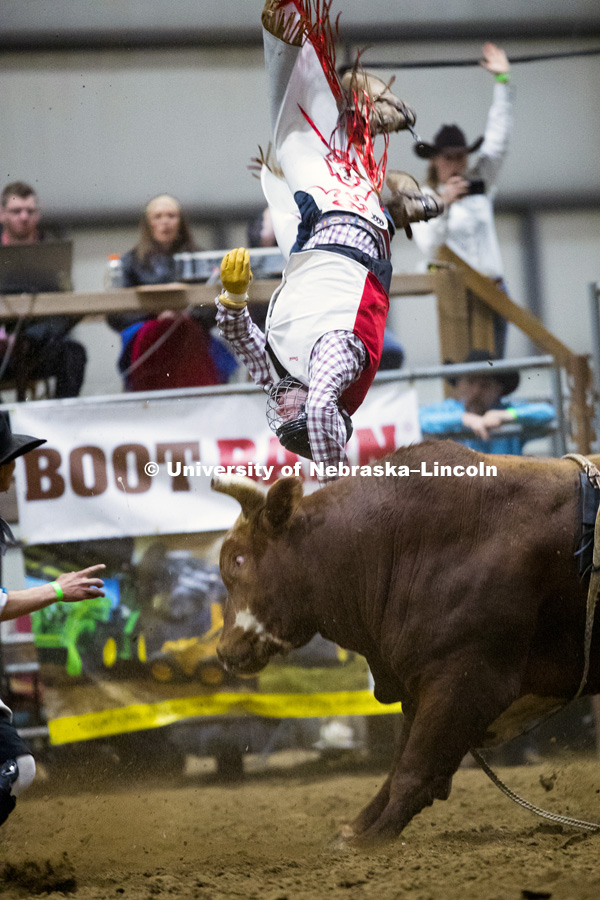 Jack Miller is flung into the air after being thrown from the bull and then having the bull use his head and horns to toss Miller into the air. Friday night was Miller's first bull riding competition. 60th anniversary of the University of Nebraska-Lincoln